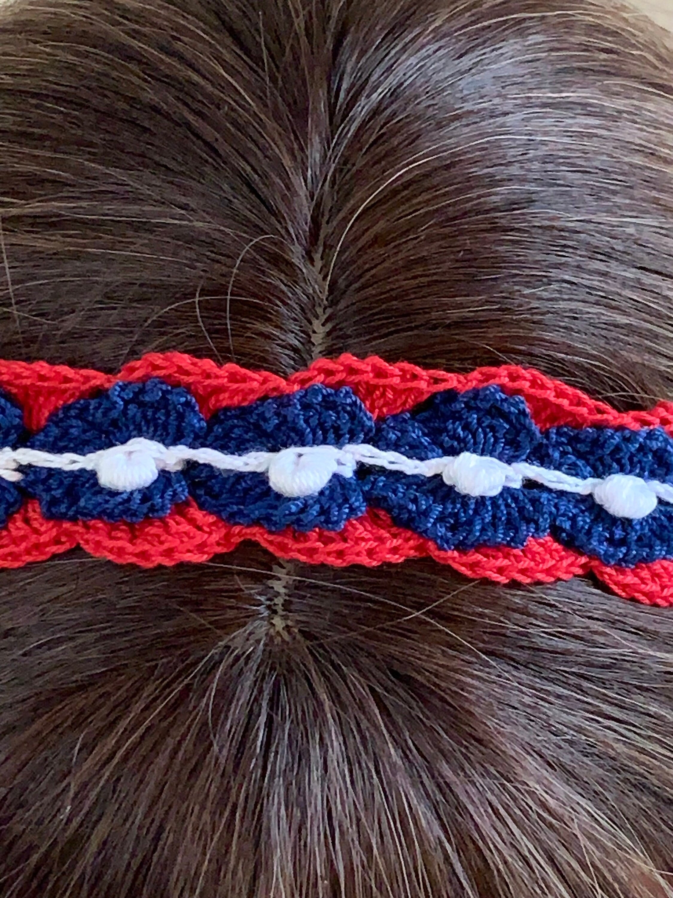 Crochet Red White and Blue Patriotic Headband with Elastic with optional Dangle Earrings