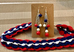 Load image into Gallery viewer, Crochet Red White and Blue Patriotic Headband with Elastic with optional Dangle Earrings
