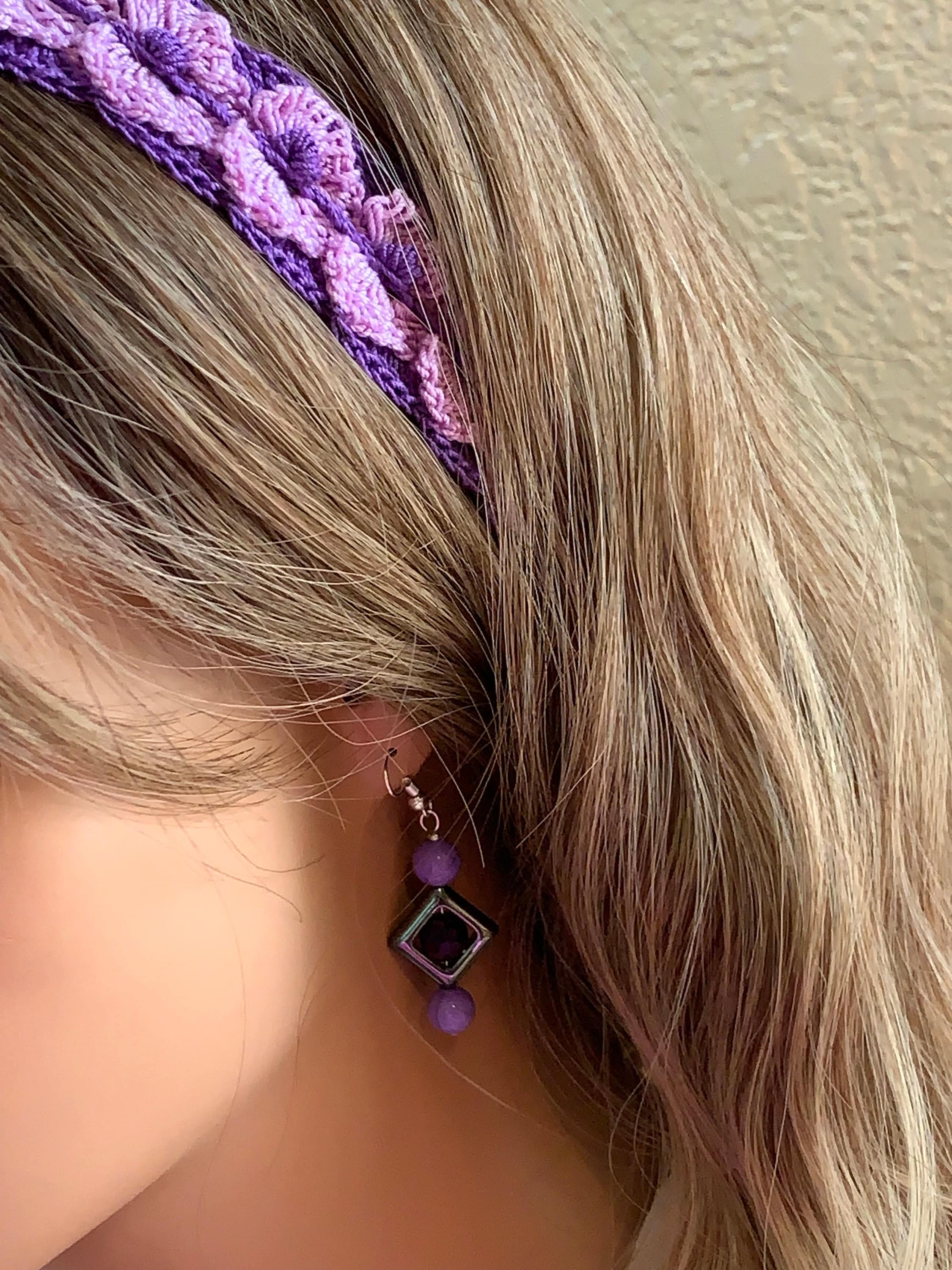 Crochet Headband with Elastic- Purple/Lavender Hairband with optional purple dangle Earrings