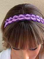 Load image into Gallery viewer, Crochet Headband with Elastic- Purple/Lavender Hairband with optional purple dangle Earrings
