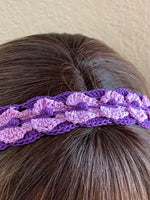 Load image into Gallery viewer, Crochet Headband with Elastic- Purple/Lavender Hairband with optional purple dangle Earrings
