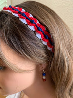 Load image into Gallery viewer, Crochet Red White and Blue Patriotic Headband with Elastic with optional Dangle Earrings and bracelet
