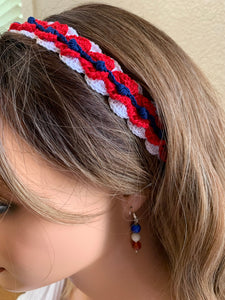 Crochet Red White and Blue Patriotic Headband with Elastic with optional Dangle Earrings and bracelet