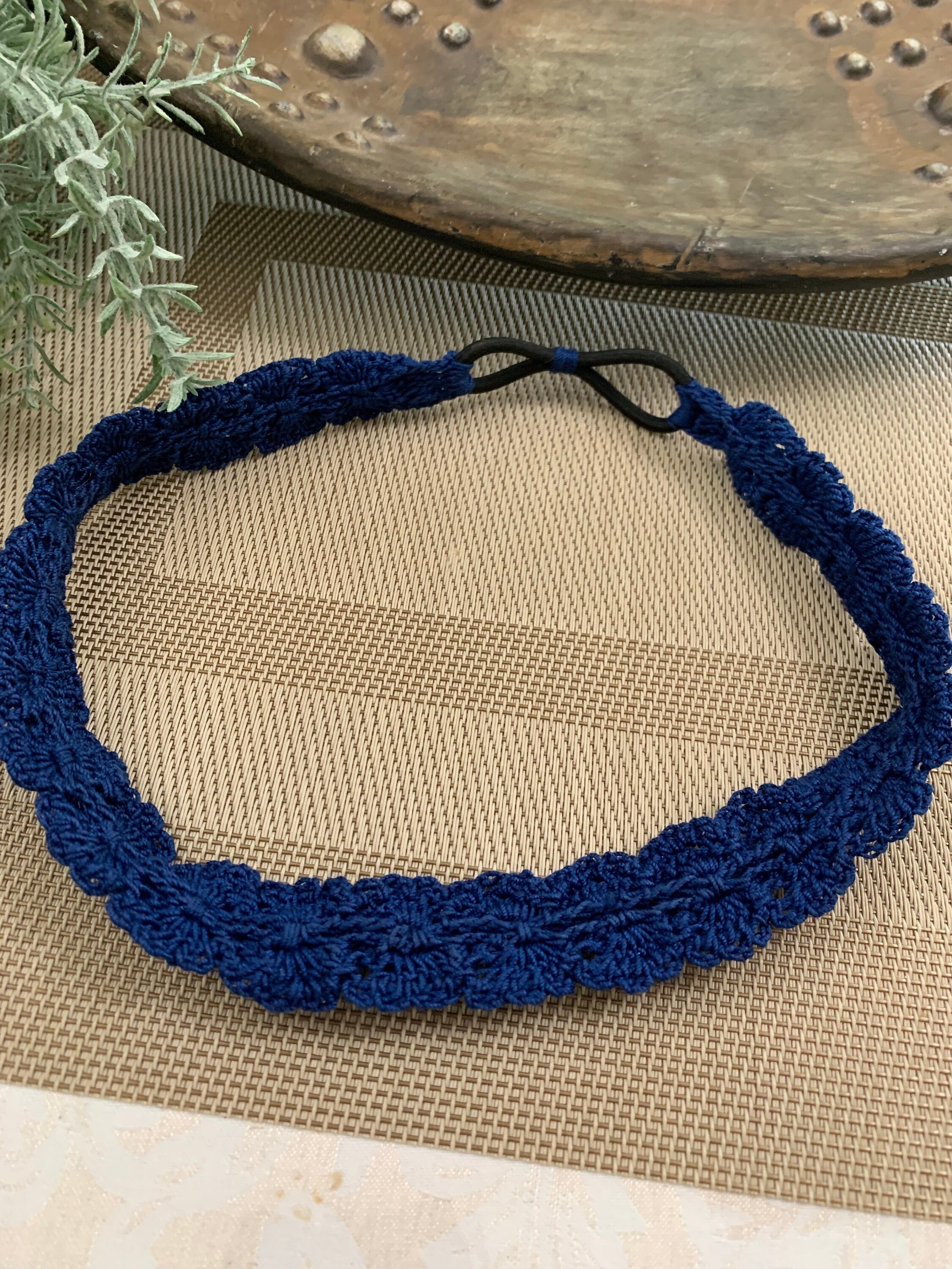 Crochet Headband with Elastic- Navy Blue Hairband- Boho Headband