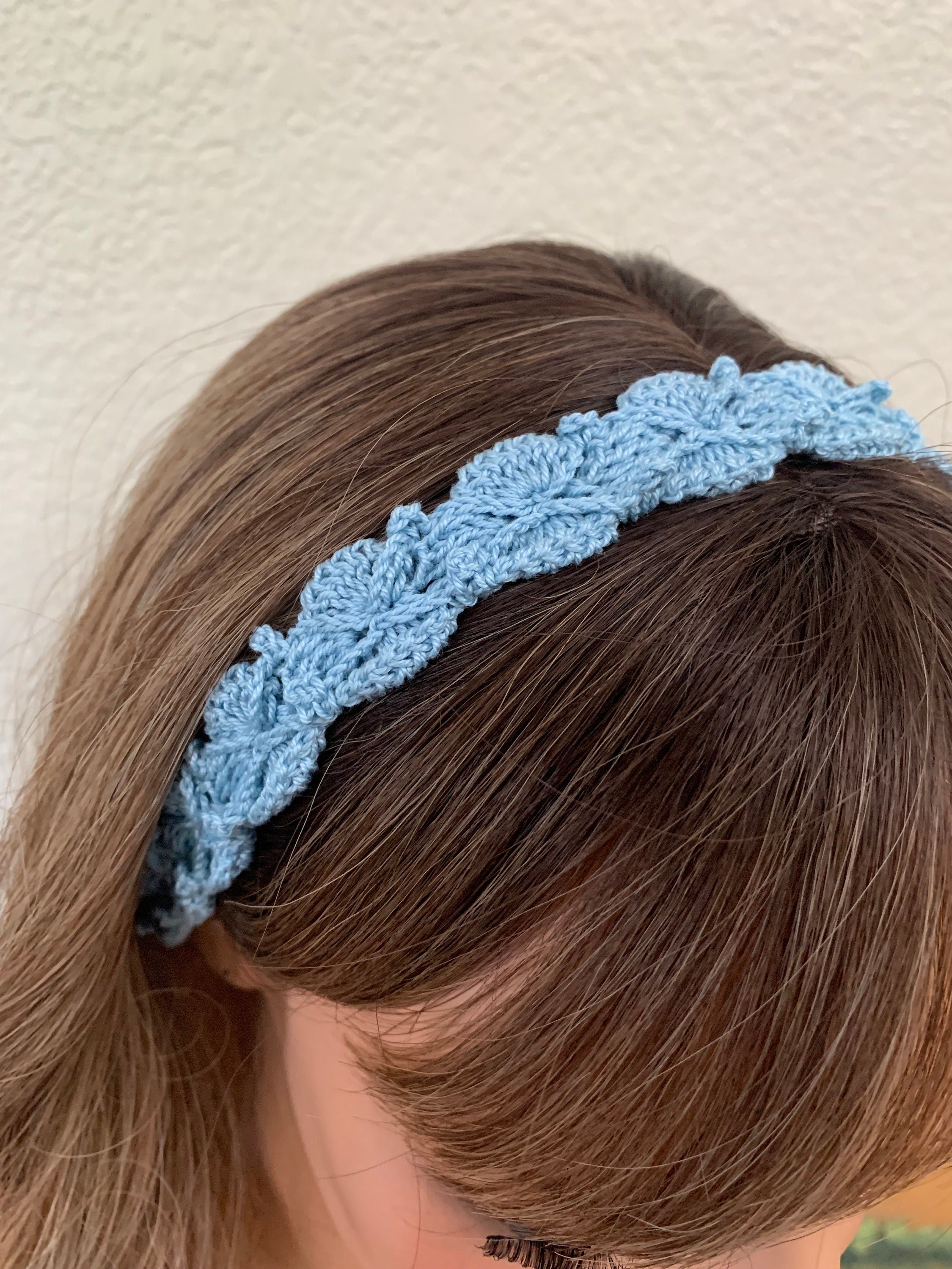 Crochet Headband with Elastic- Light Blue Hairband- Boho Headband