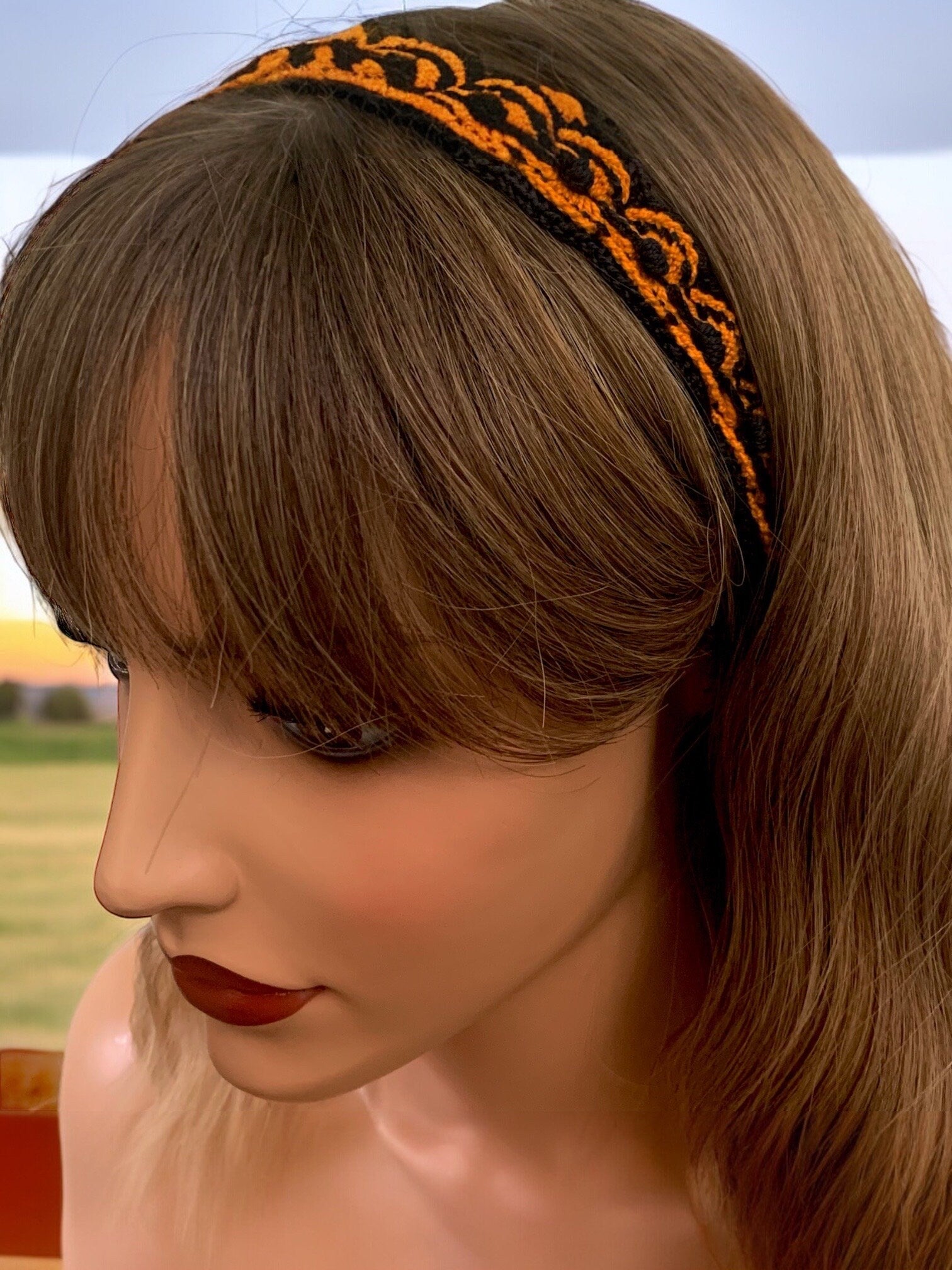 Crochet Headband with Elastic- Black and Orange Hairband- Boho Headband