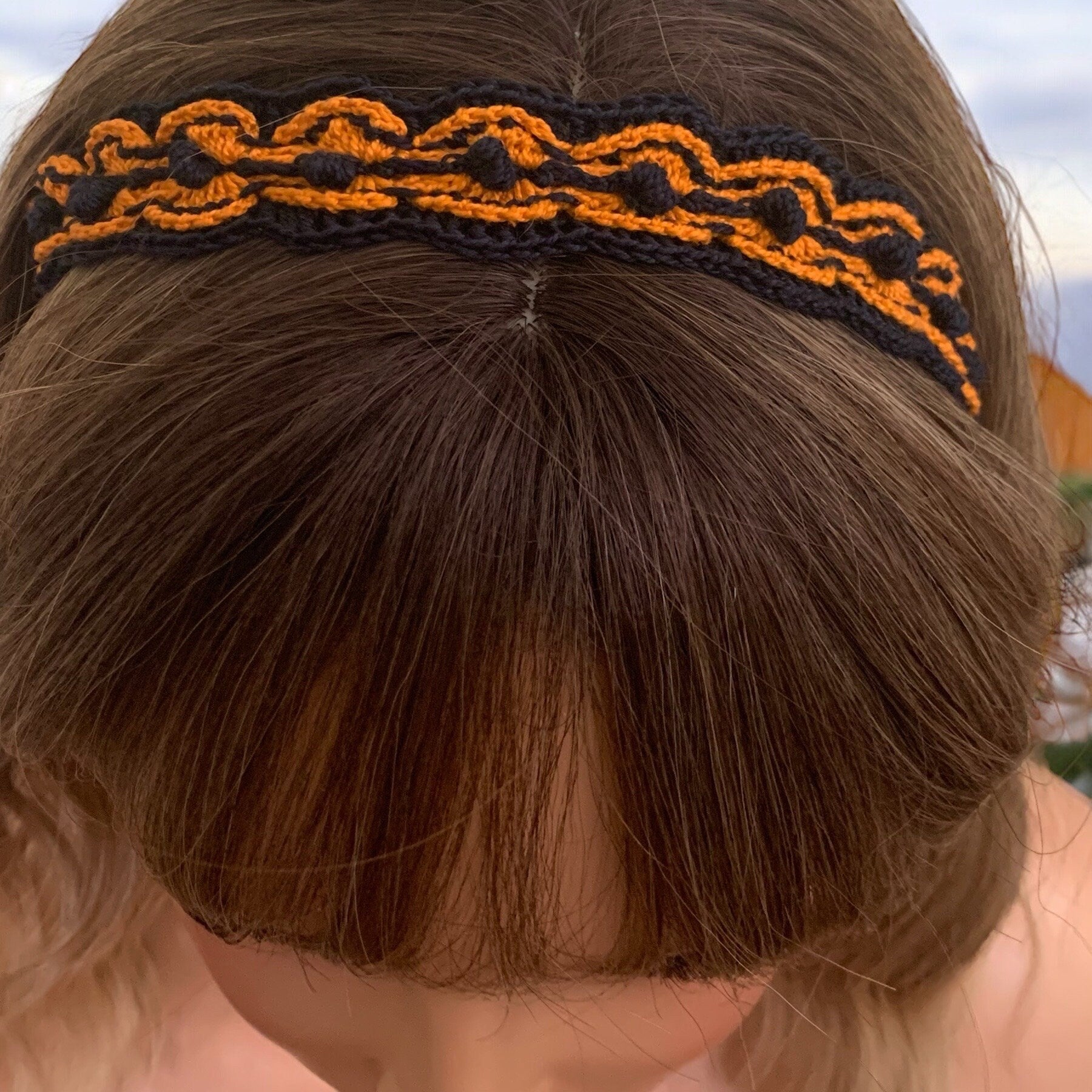 Crochet Headband with Elastic- Black and Orange Hairband- Boho Headband