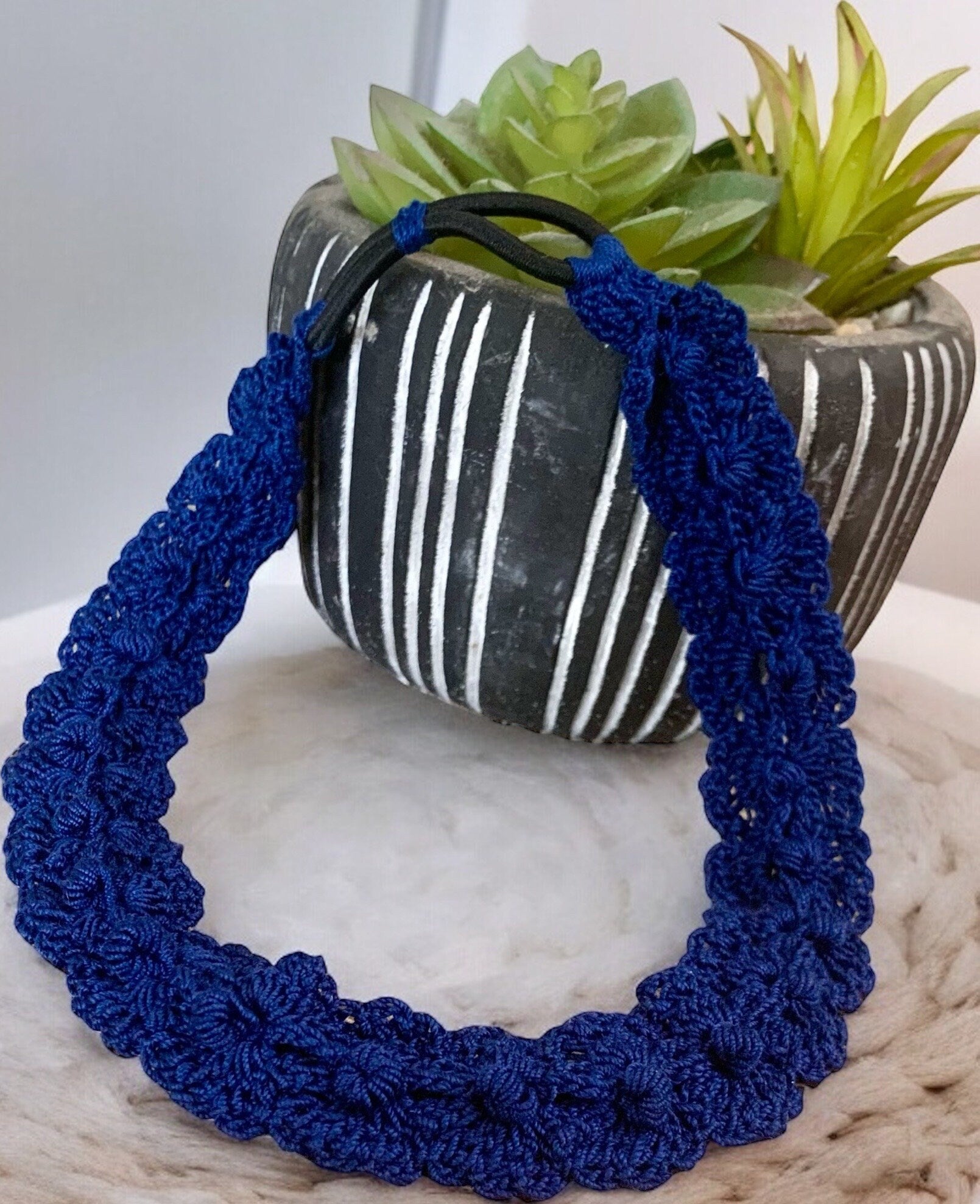 Crochet Headband with Elastic- Navy Blue Hairband- Boho Headband