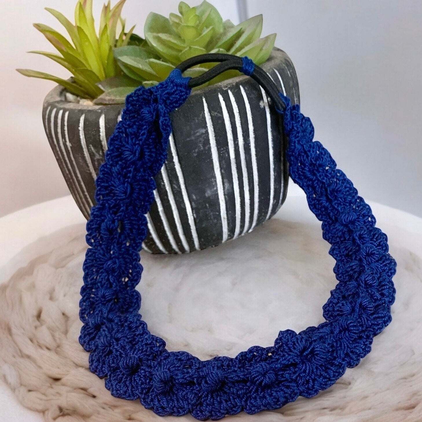 Crochet Headband with Elastic- Navy Blue Hairband- Boho Headband