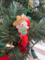 Load image into Gallery viewer, Vintage Hallmark “Feliz Navidad “ Mouse with Sombrero on a hot Chili Pepper Keepsake Ornament
