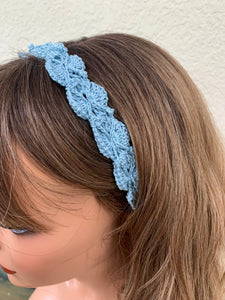 Crochet Headband with Elastic- Light Blue Hairband- Boho Headband