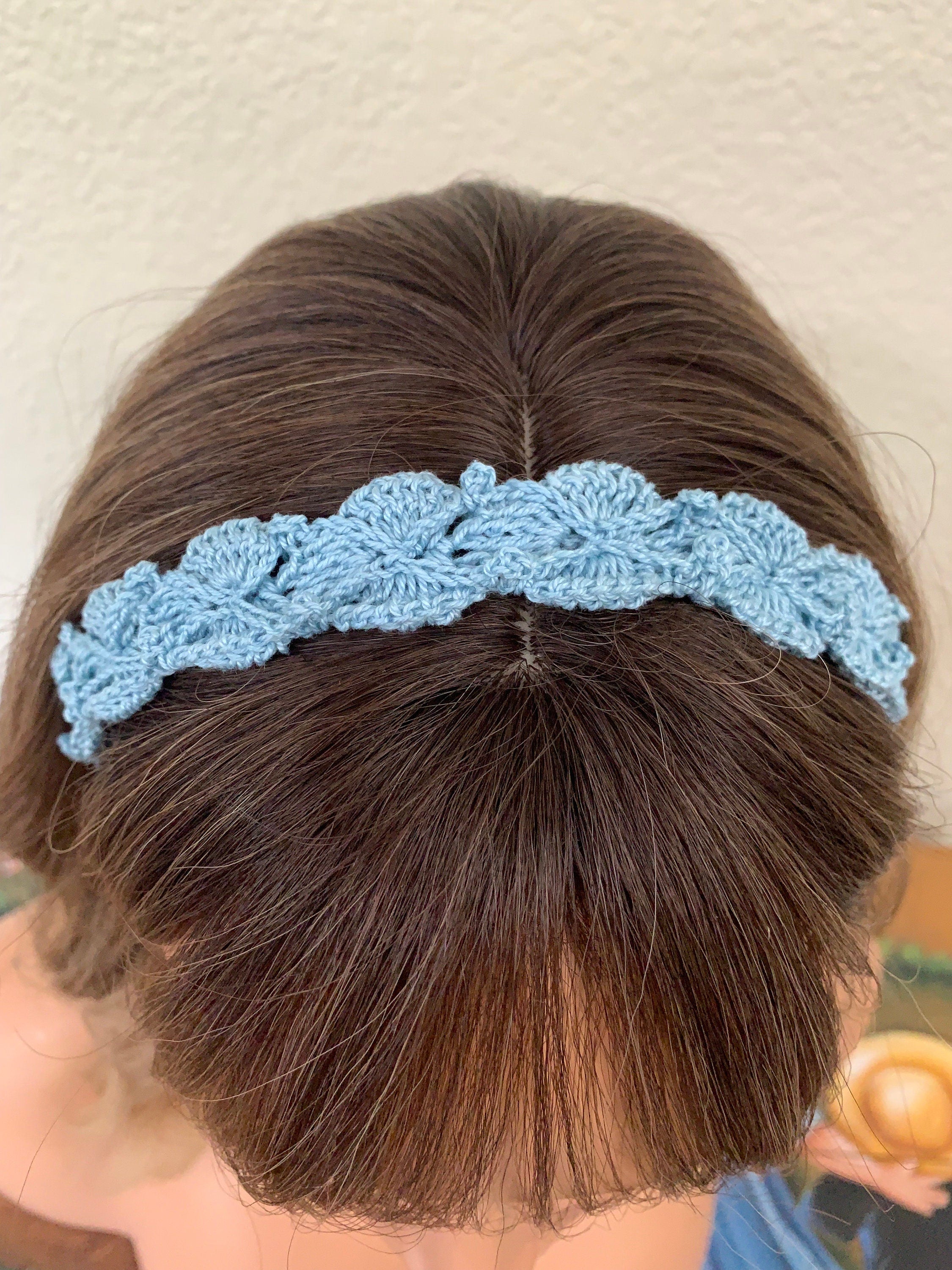 Crochet Headband with Elastic- Light Blue Hairband- Boho Headband