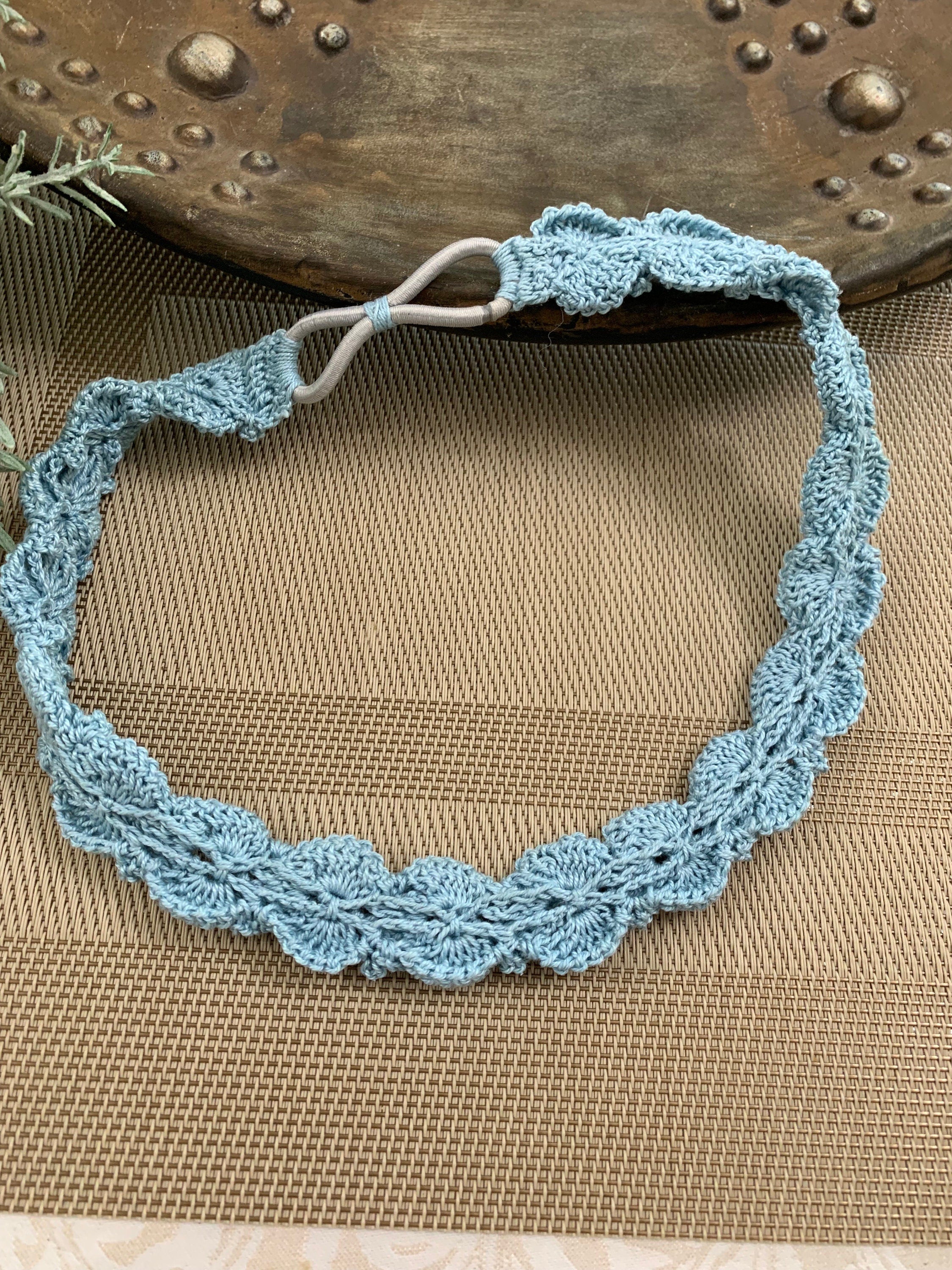 Crochet Headband with Elastic- Light Blue Hairband- Boho Headband