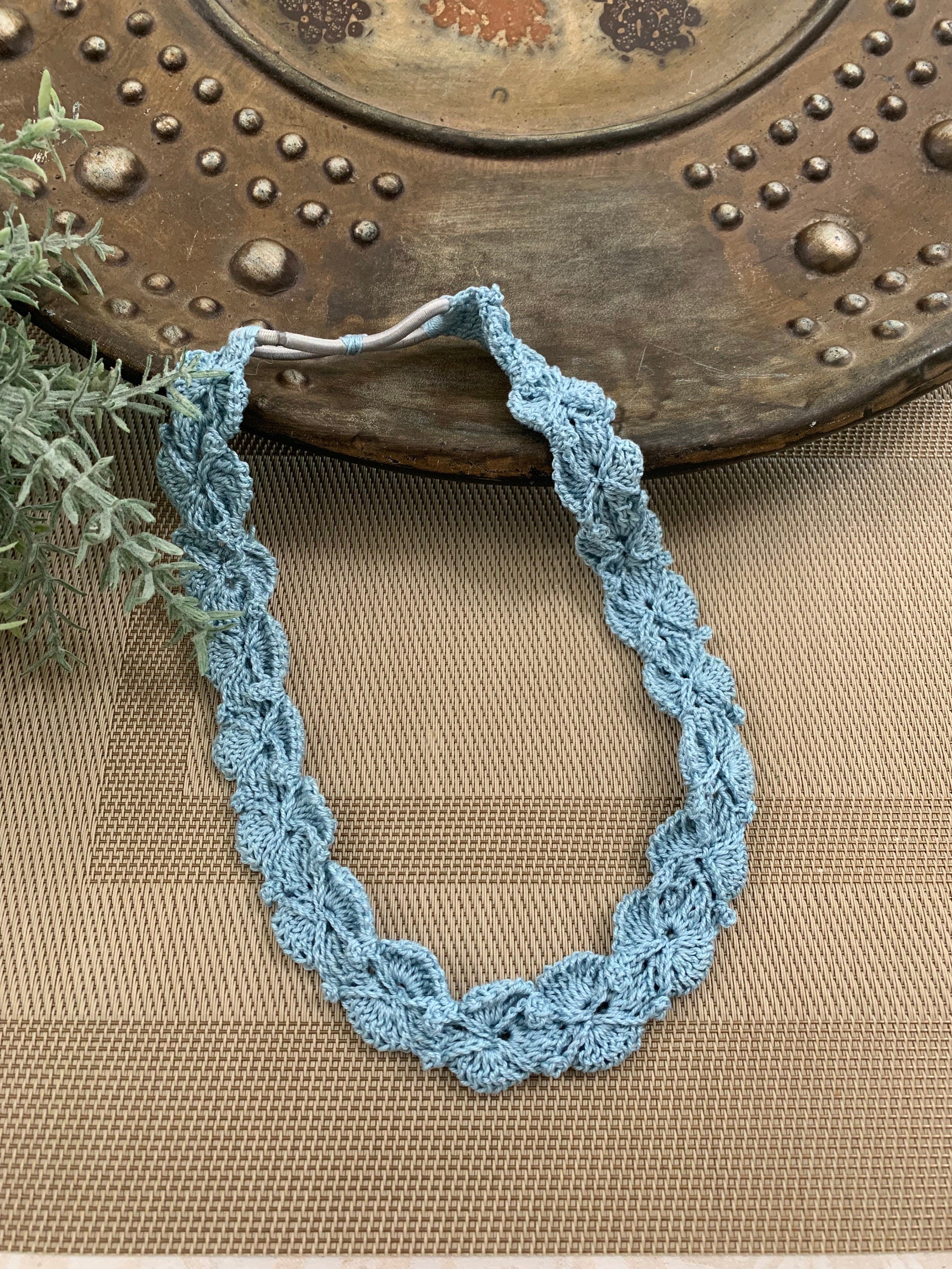 Crochet Headband with Elastic- Light Blue Hairband- Boho Headband