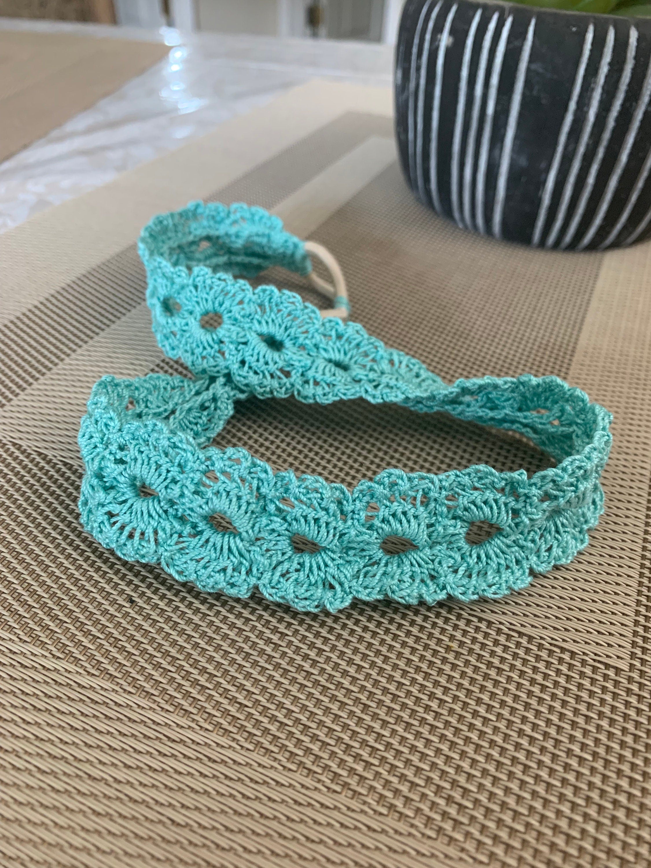 Crochet Headband with Elastic- Aqua Blue Hairband