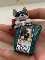 Load image into Gallery viewer, 1995 Purina Puppy Chow Ornament by Enesco- Puppy in Dogfood Bag Ornament
