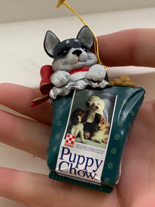 1995 Purina Puppy Chow Ornament by Enesco- Puppy in Dogfood Bag Ornament