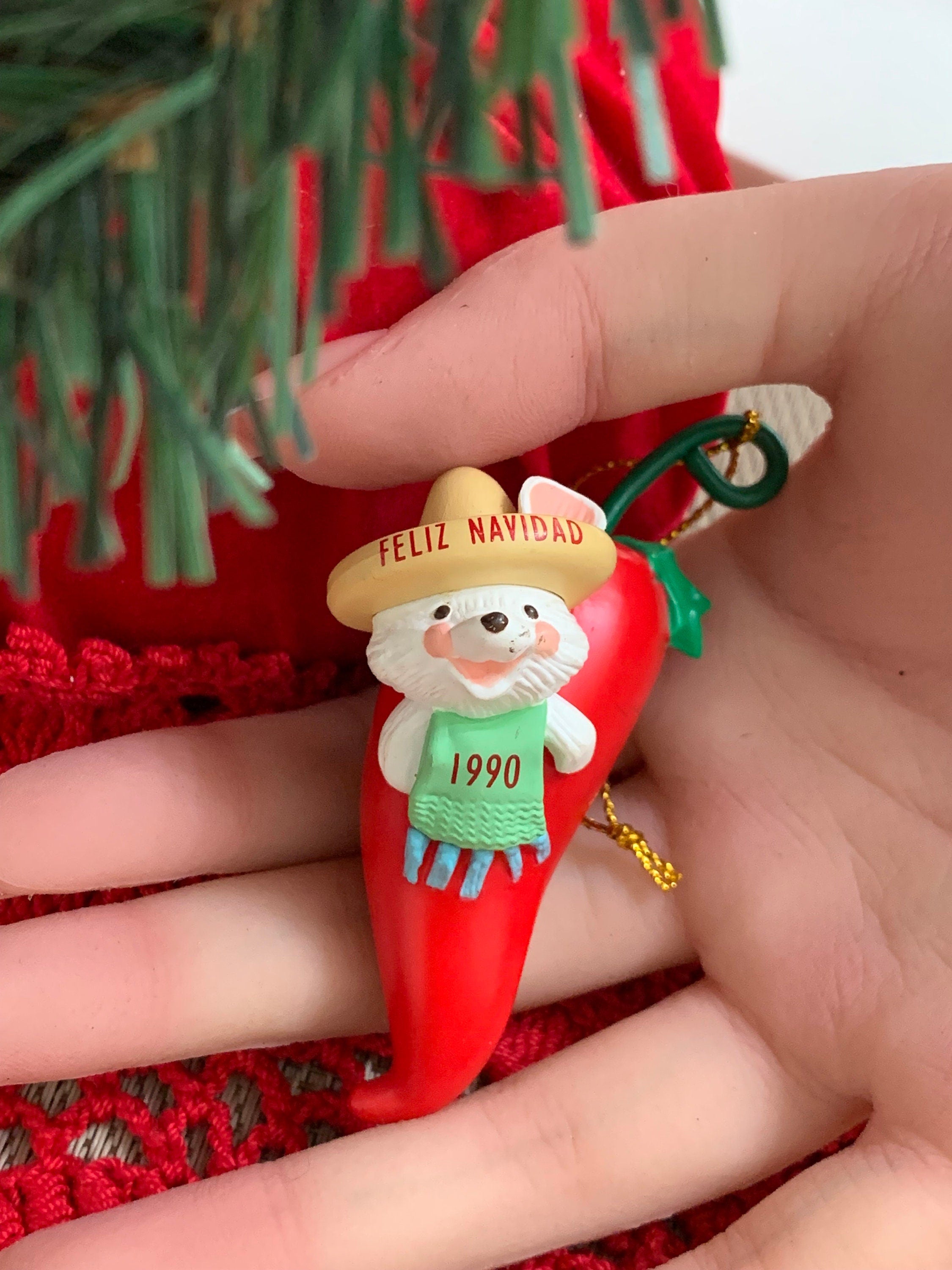 Vintage Hallmark “Feliz Navidad “ Mouse with Sombrero on a hot Chili Pepper Keepsake Ornament