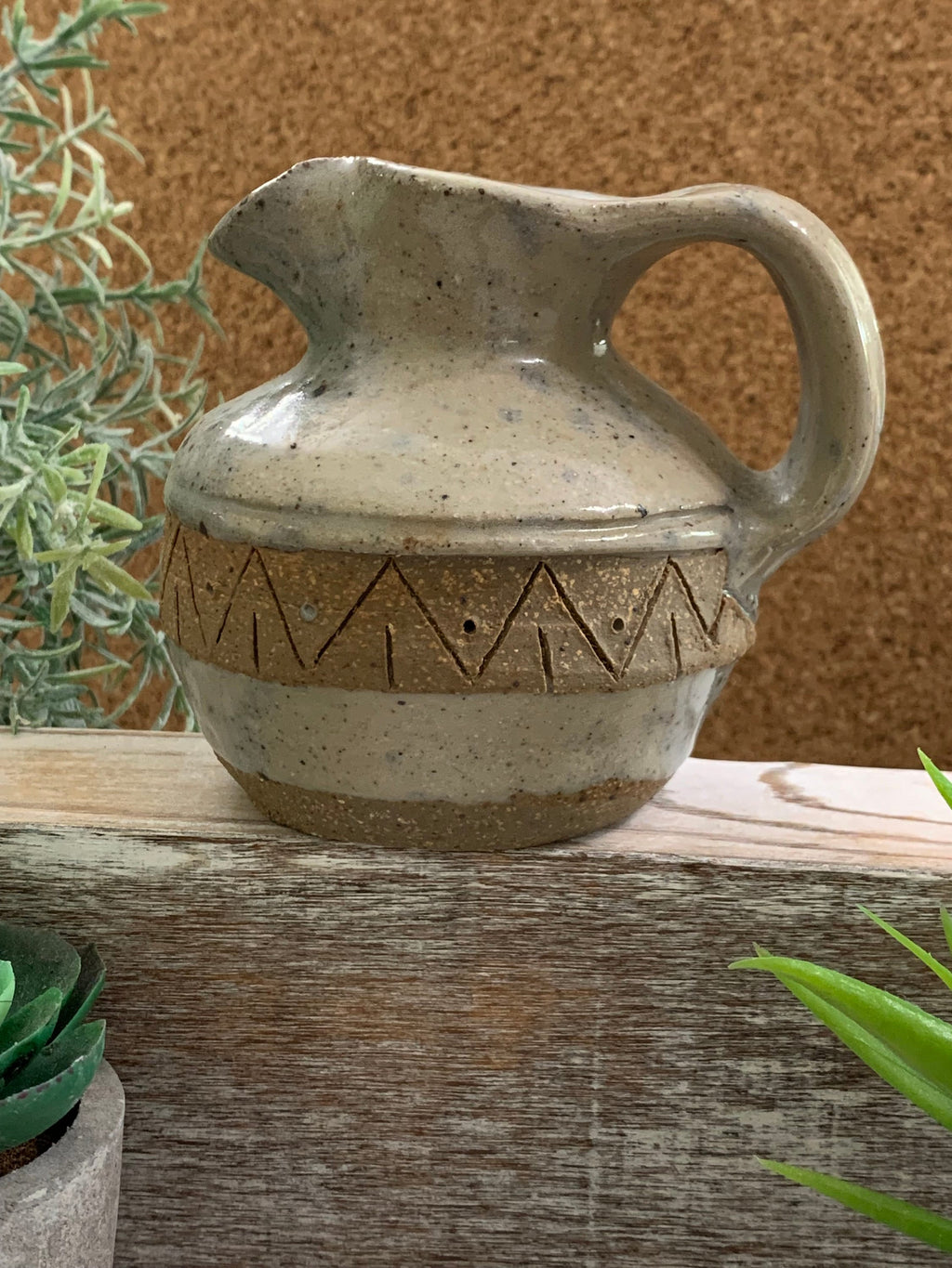 Small vintage handmade pottery stoneware pitcher with handle Signed Frannie