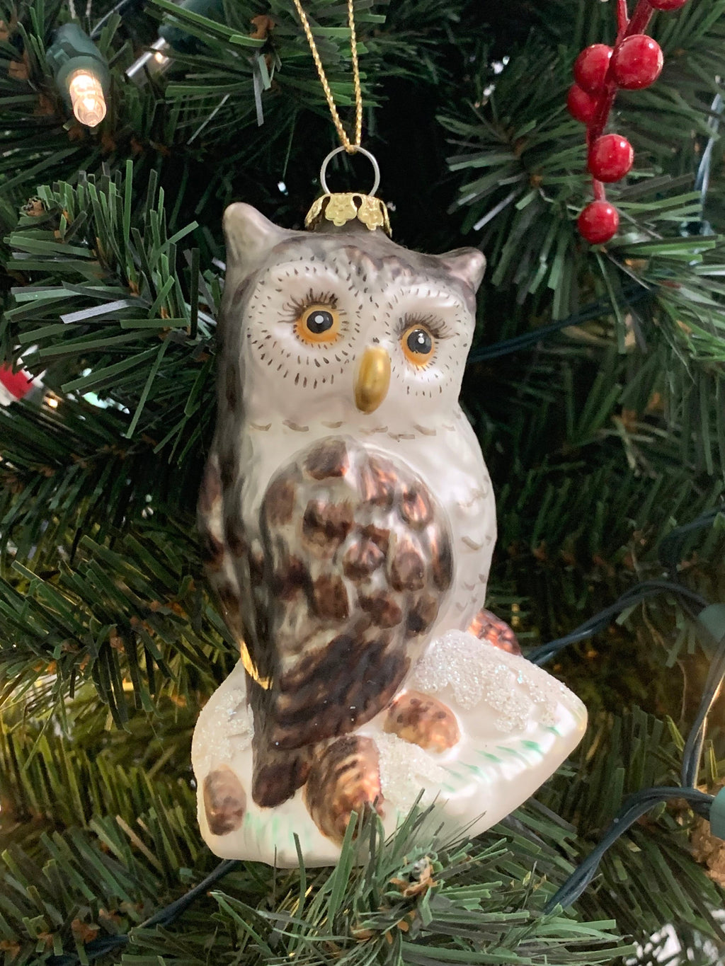 Vintage Blown Glass Owl Ornament-Brown and White Owl Collectible Ornament