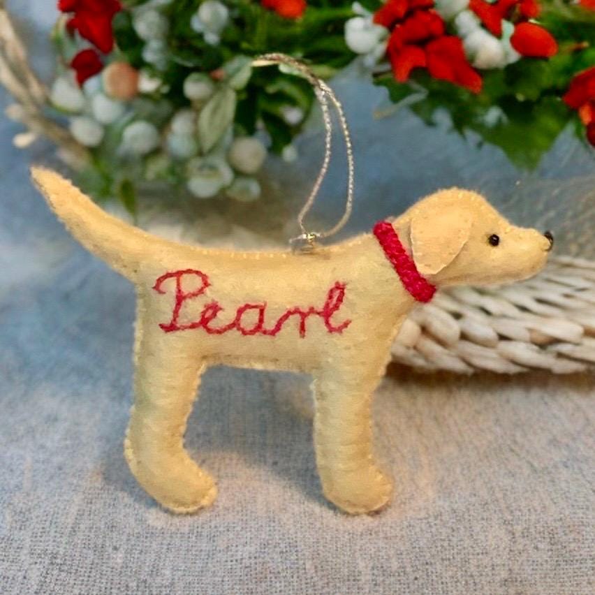 Personalized Yellow Lab Ornament with a crochet collar