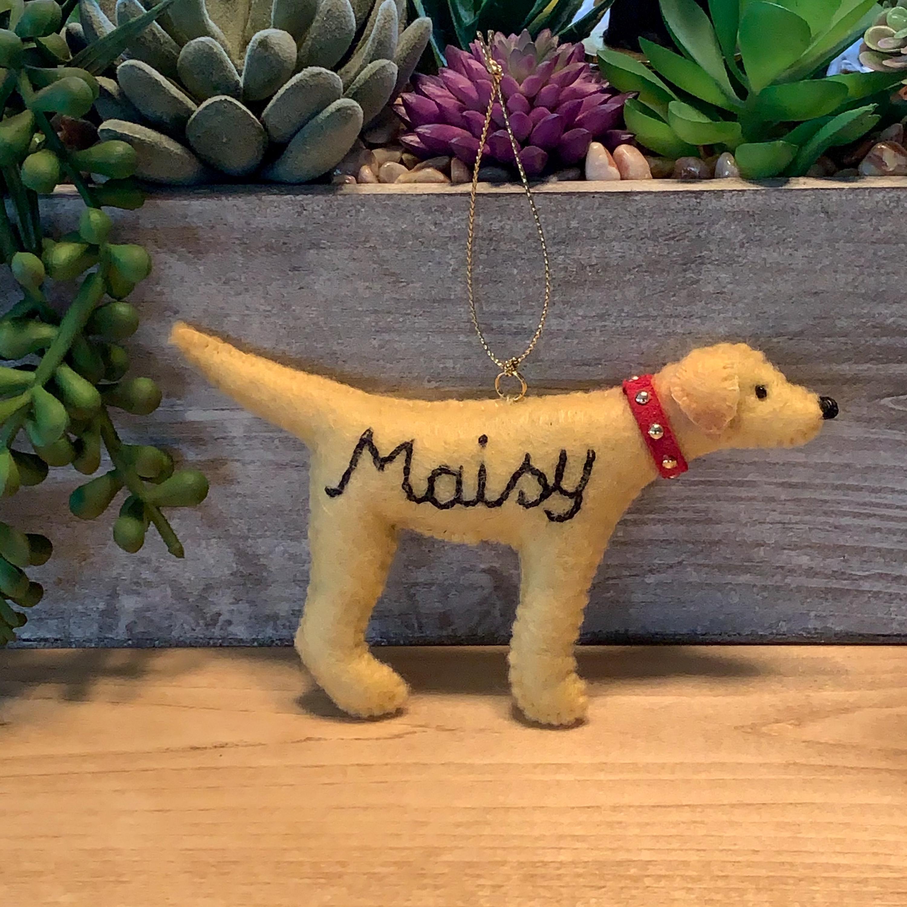 Personalized Yellow Lab Ornament with a crochet collar