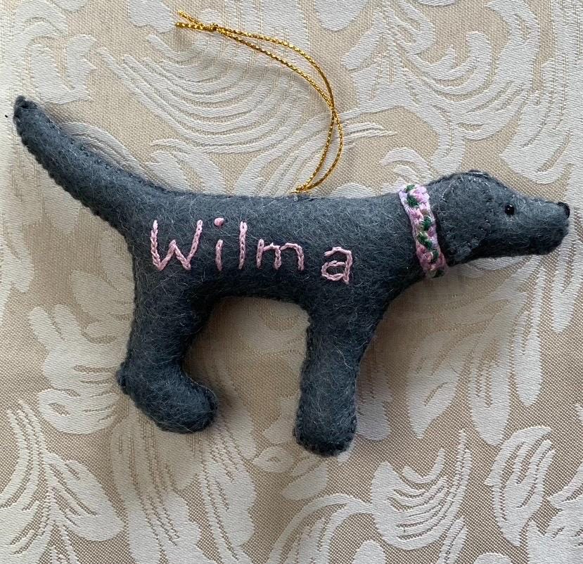 Personalized Silver Lab Ornament with a crochet collar