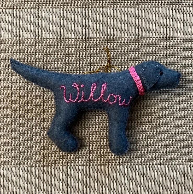 Personalized Silver Lab Ornament with a crochet collar