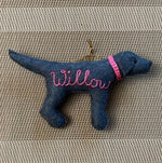 Load image into Gallery viewer, Personalized Silver Lab Ornament with a crochet collar
