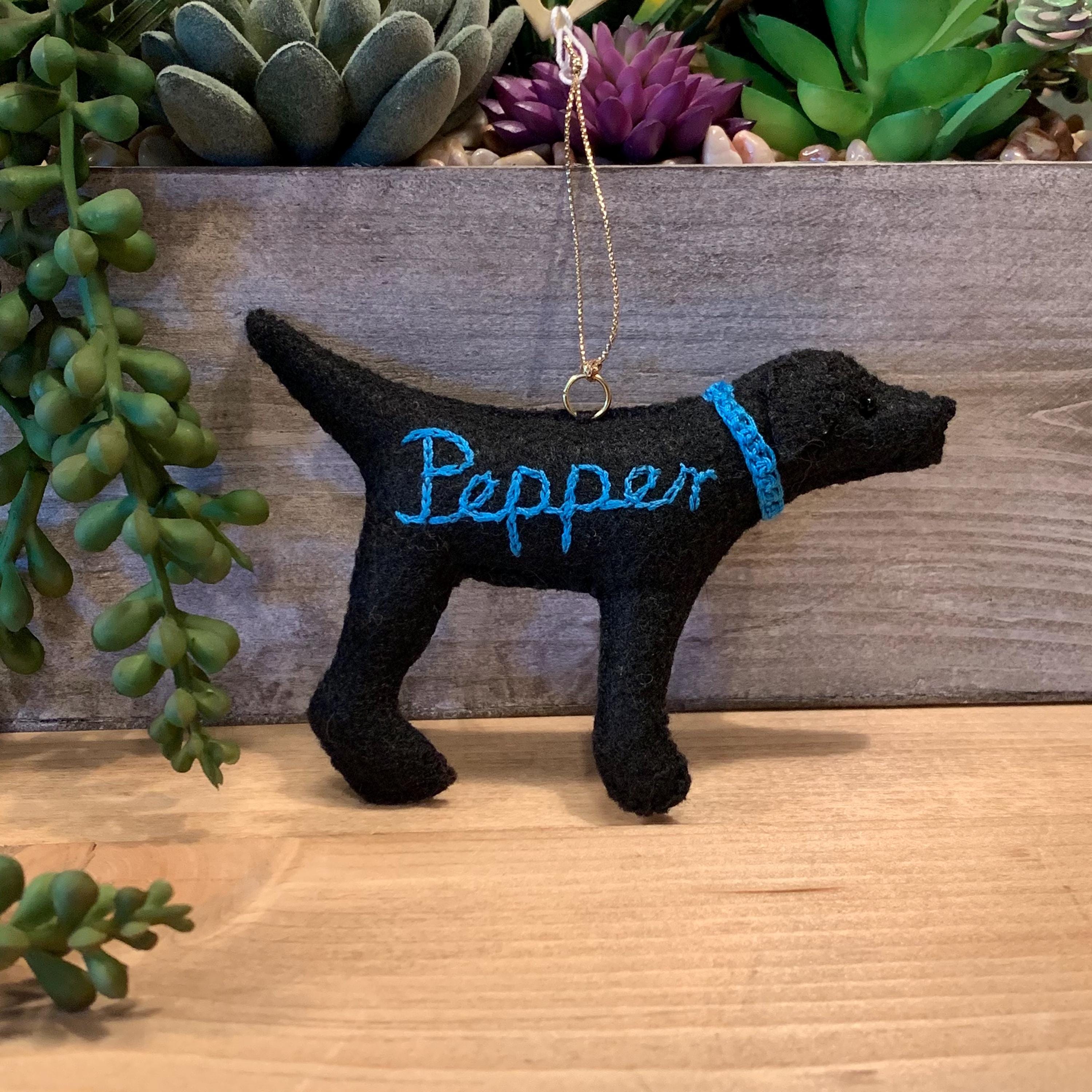 Personalized Black Lab Ornament with a crochet collar