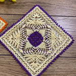 Load image into Gallery viewer, 8” Square Easter Doily-Dimensional CrochetDoily-Daffodil Yellow with Orange Accents
