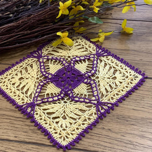 8” Square Easter Doily-Dimensional CrochetDoily-Daffodil Yellow with Orange Accents