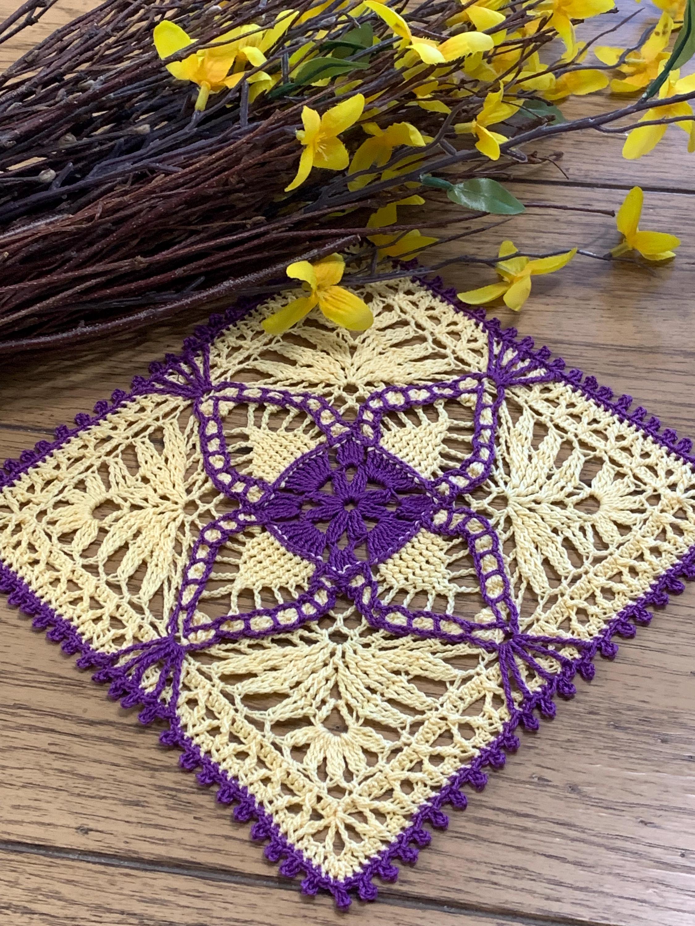 8” Square Easter Doily-Dimensional CrochetDoily-Daffodil Yellow with Orange Accents