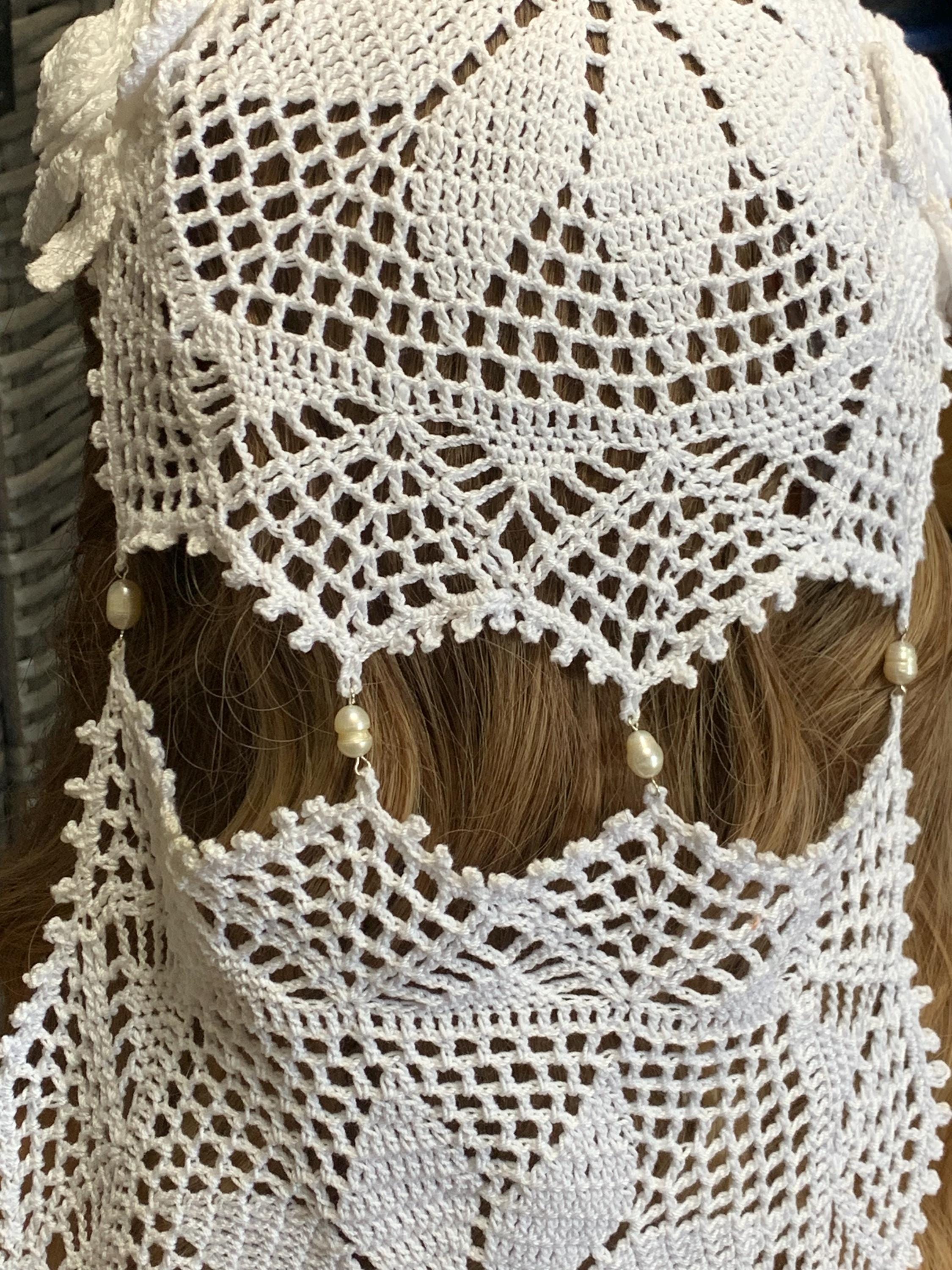 Crochet Wedding Veil- Two Tiers connected with Freshwater Pearls