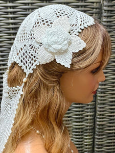 Crochet Wedding Veil- Two Tiers connected with Freshwater Pearls