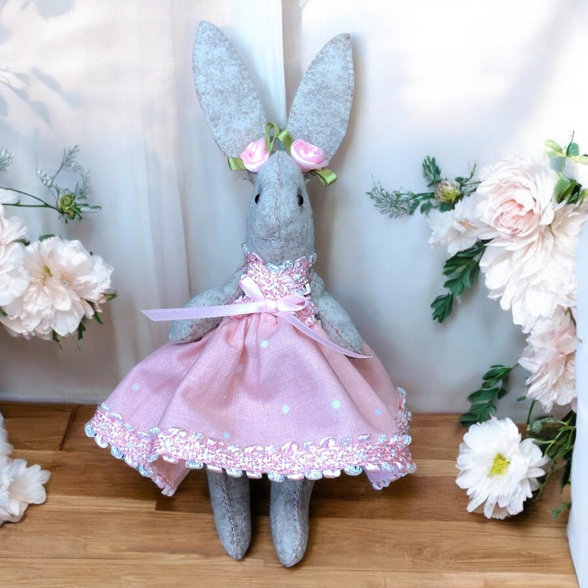 felt bunny in blue dress Anna Club Plush Leather Tagline Bunny Rabbit Blue Dress 1993 Vintage