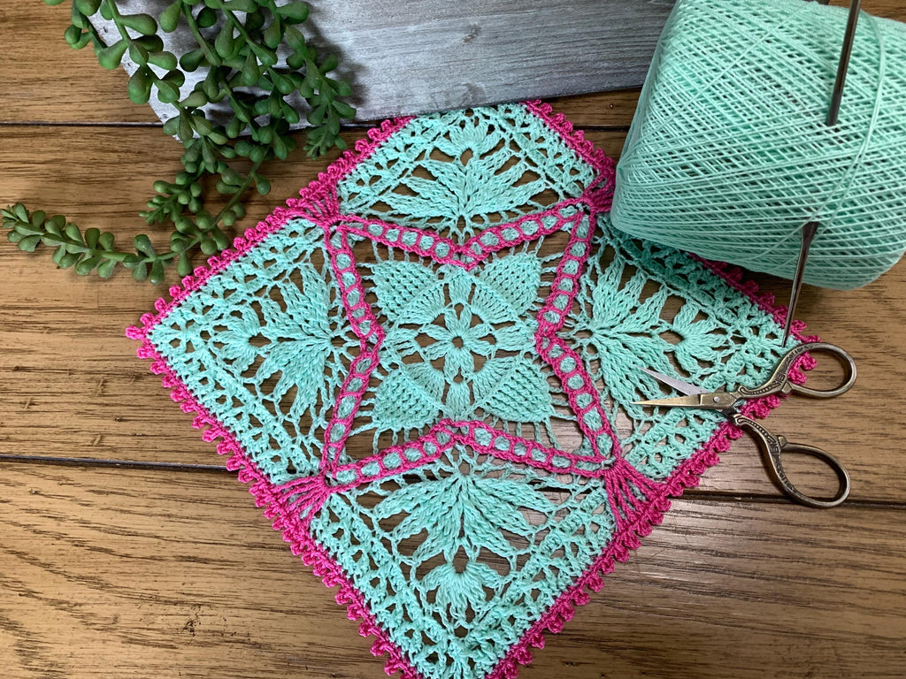 8” Square Dimensional Crocheted Doily- Mint Green with Green with Magenta Accents