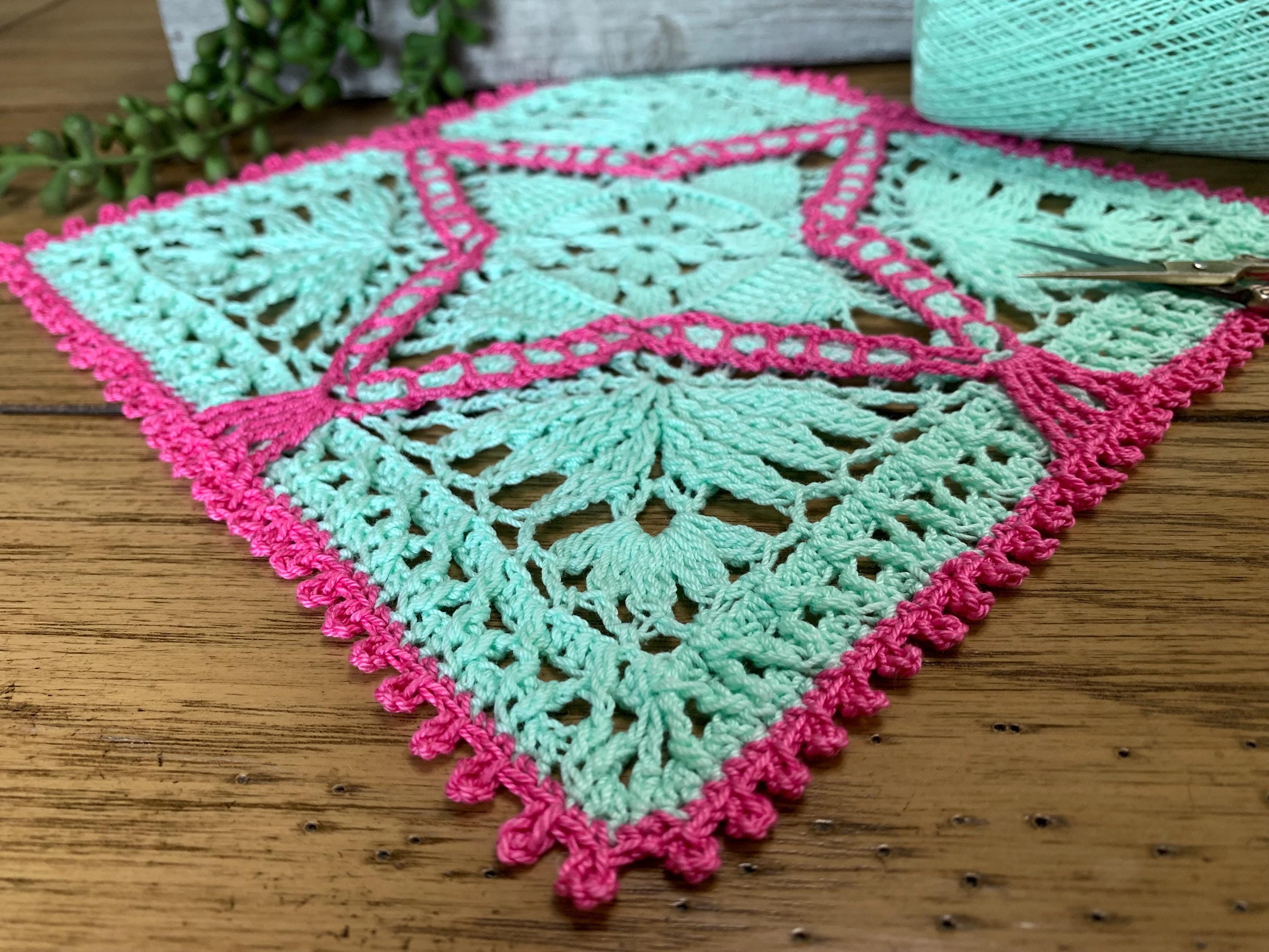 8” Square Dimensional Crocheted Doily- Mint Green with Green with Magenta Accents