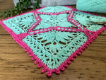 Load image into Gallery viewer, 8” Square Dimensional Crocheted Doily- Mint Green with Green with Magenta Accents
