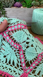 Load image into Gallery viewer, 8” Square Dimensional Crocheted Doily- Mint Green with Green with Magenta Accents
