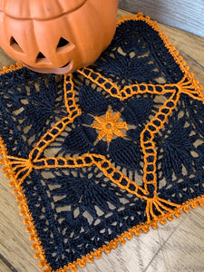 8” Square Dimensional Crocheted Doily- Black with Orange Accents