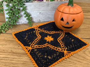 8” Square Dimensional Crocheted Doily- Black with Orange Accents