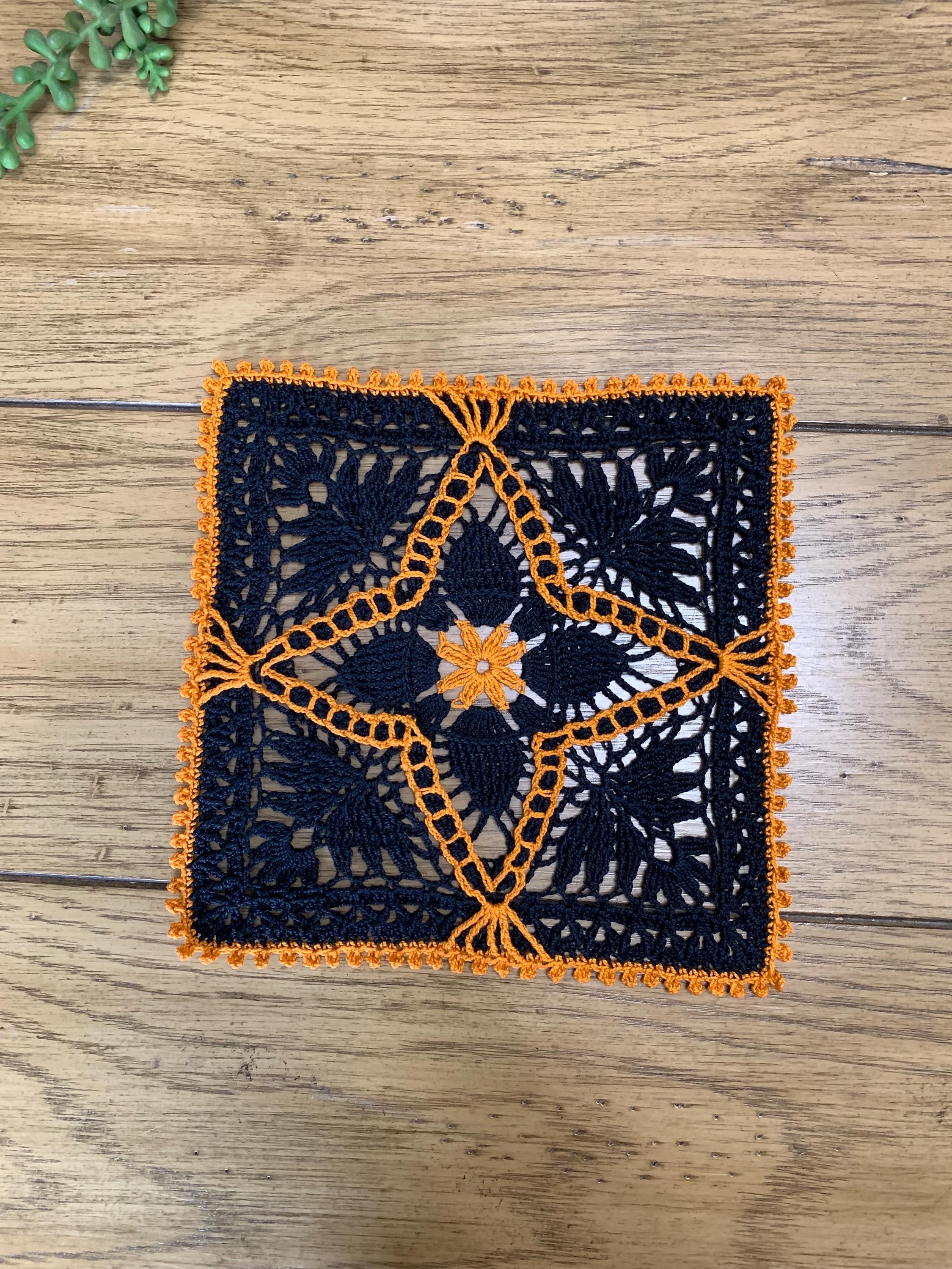 8” Square Dimensional Crocheted Doily- Black with Orange Accents