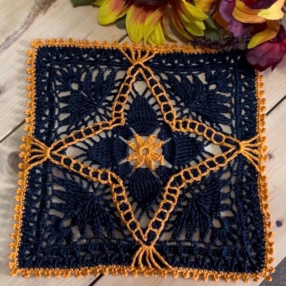 8” Square Dimensional Crocheted Doily- Black with Orange Accents