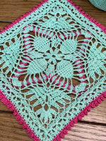 Load image into Gallery viewer, 8” Square Dimensional Crocheted Doily- Mint Green with Green with Magenta Accents
