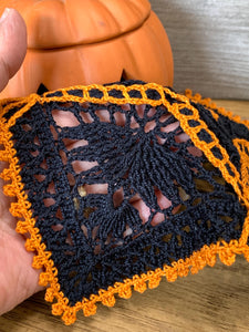 8” Square Dimensional Crocheted Doily- Black with Orange Accents