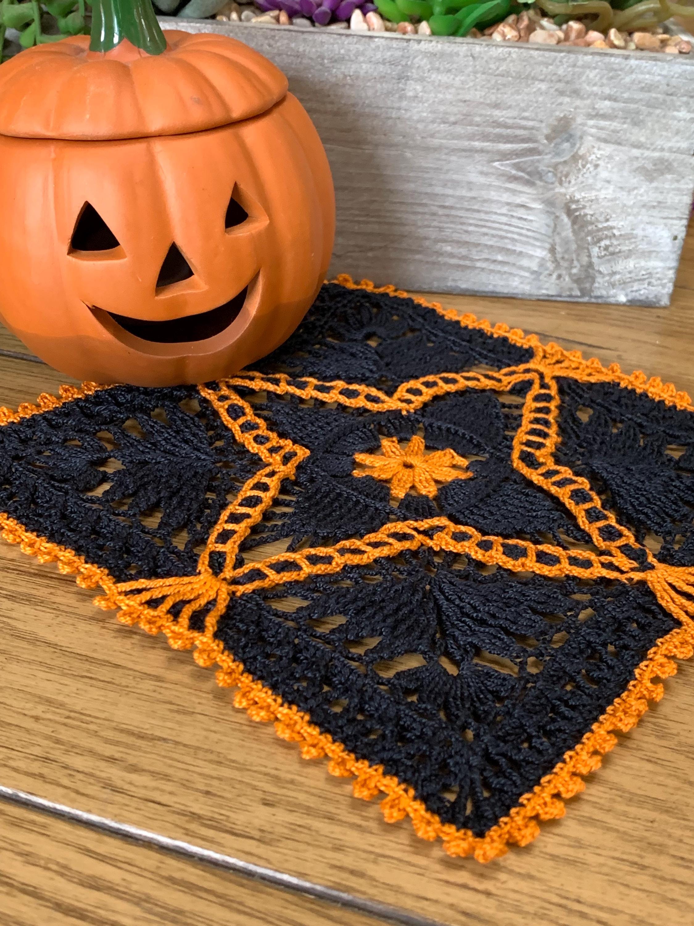 8” Square Dimensional Crocheted Doily- Black with Orange Accents