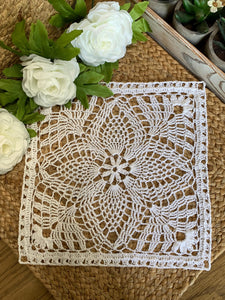 Handmade White Cotton Crochet Doily – 10” Square Lace Table Accent