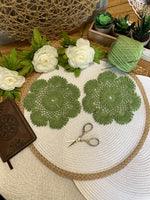Load image into Gallery viewer, Avocado Green Crochet Doilies – Set of 2 | 6.5” Round Dimensional Lace Accents | Handmade Cottagecore Home Décor
