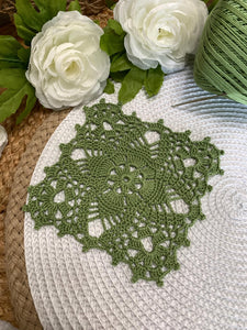 Avocado Green Square Crochet Doilies – Set of 2 | 5.5” Handmade Lace Accents | Vintage-Style Table Decor